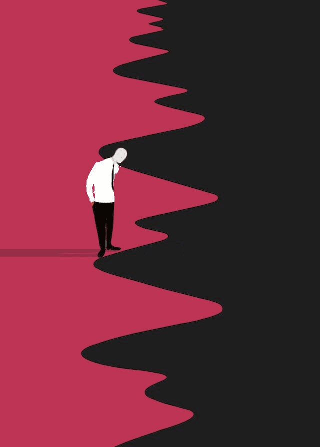 A man in a white shirt stands at the edge of a winding magenta path